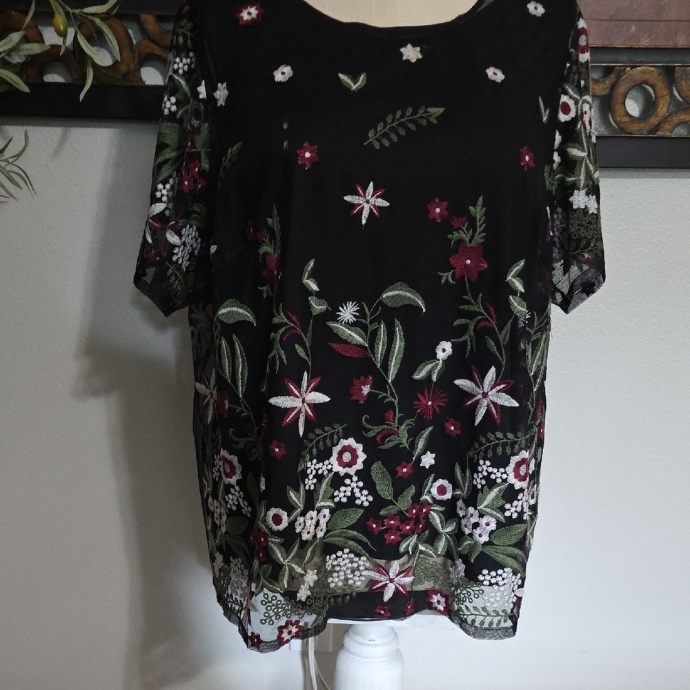 Floral Embroidered Black Top